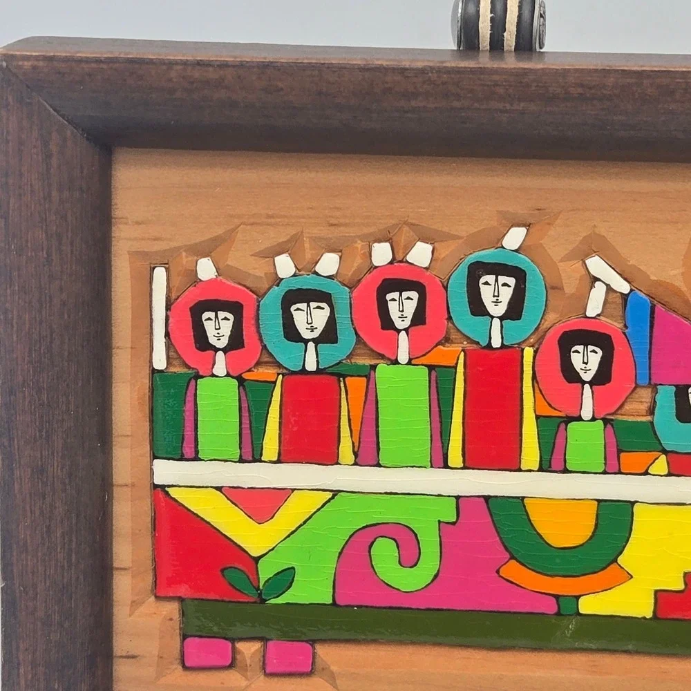Latin American Folk Art Carved Wood The Last Supper Hand Painted Colorful MCM